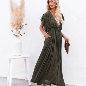 NEW Boho Chic Maxi Deep Plunge Cover Up Dress Gauze Olive Green